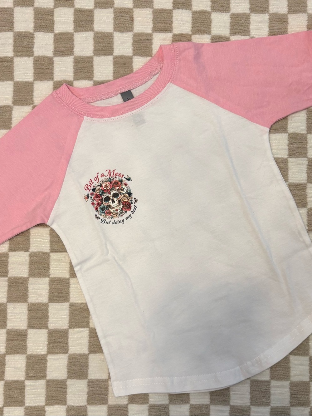 Girls White and Pink Raglan Tee with Floral Skull Graphic